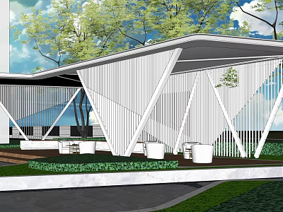 Modern Pergola Design With White Geometric Frame Surrounded by Green Plants and Outdoor Seating Area 3d model