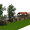 Outdoor Wooden Playground Equipment with Slide Platform Red Roof Canopy Green Grass and Trees