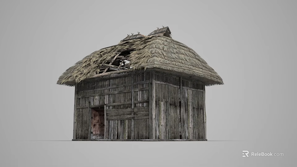 Ancient Traditional Building with Thatched Roof and Wooden Structure and Red Door 3d model 