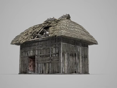 Ancient Traditional Building with Thatched Roof and Wooden Structure and Red Door 3d model