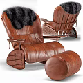 Brown Leather Lazy Sofa With Black Faux Fur Backrest And Wooden Base Armrests