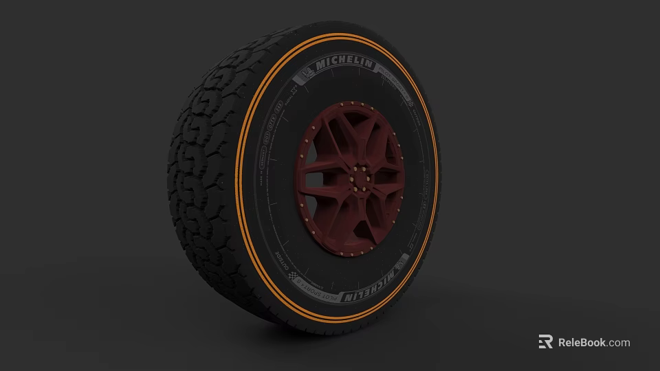 Black Tire With Orange Trim And Red Wheel Rim Featuring EXCELLA PIONEER Design 3d model 