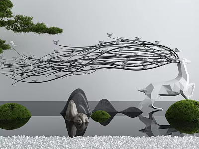 Modern Garden Ornament Featuring Metal Branch Sculpture Deer Green Shrubs Pine Branches And Water Reflection 3d model