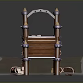 Wooden Bridge Structure With Railings Wooden Planks Support Posts And Decorative Lights