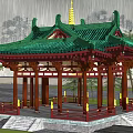 Traditional Chinese Ancient Pavilion With Green Roof Red Pillars And Rainy Scene Surrounded By Trees