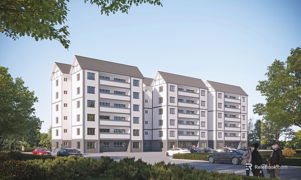 Modern School Building Multi Story White Exterior Gray Roof Surrounded By Trees Cars And Pedestrians 3d model 