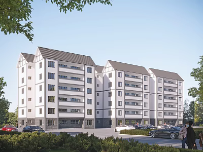 Modern School Building Multi Story White Exterior Gray Roof Surrounded By Trees Cars And Pedestrians 3d model