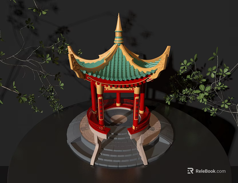 Traditional Ancient Chinese Pavilion With Green Tiled Roof Red Pillars Golden Details And Stone Steps 3d model 