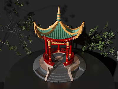 Traditional Ancient Chinese Pavilion With Green Tiled Roof Red Pillars Golden Details And Stone Steps 3d model