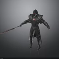 Hooded Warrior Character In Black Armor With Red Emblem And Sword