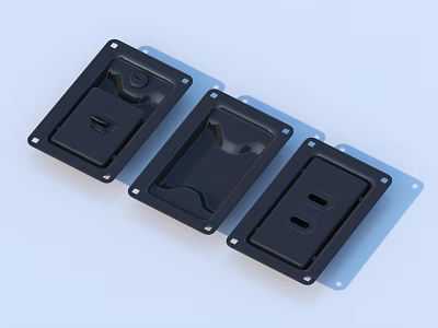 Three Black Rectangular Mounting Plates With Screw Holes And Grooves 3d model