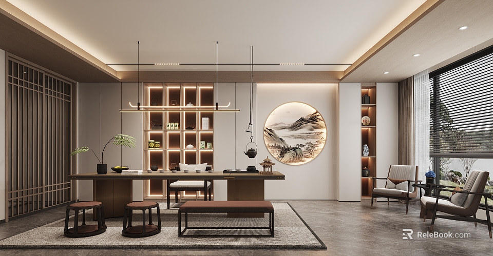 Traditional Tea Room Interior Design With Wooden Tea Table Circular Landscape Painting And Display Shelves 3d model 