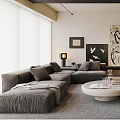 Modern Living Dining Room Interior Design With Gray Sofa Round Coffee Table And Black Armchair