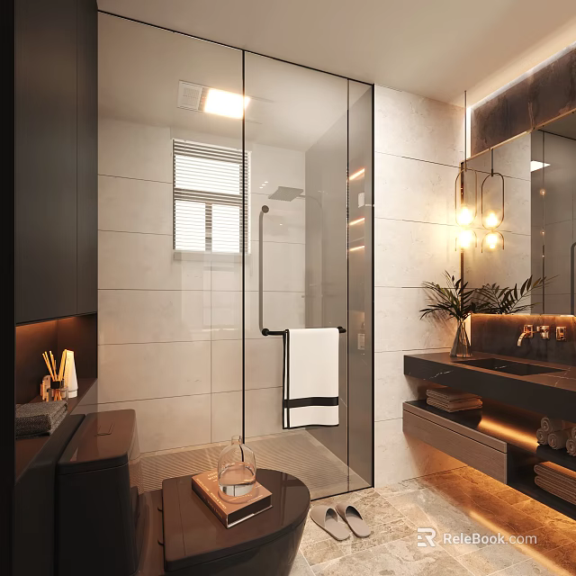Modern Luxury Bathroom Interior With Glass Shower Partition Marble Vanity And Soft Warm Lighting 3d model 