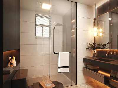 Modern Luxury Bathroom Interior With Glass Shower Partition Marble Vanity And Soft Warm Lighting 3d model