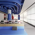 Modern Public Office Interior With Blue Ceiling White Columns And Office Desks