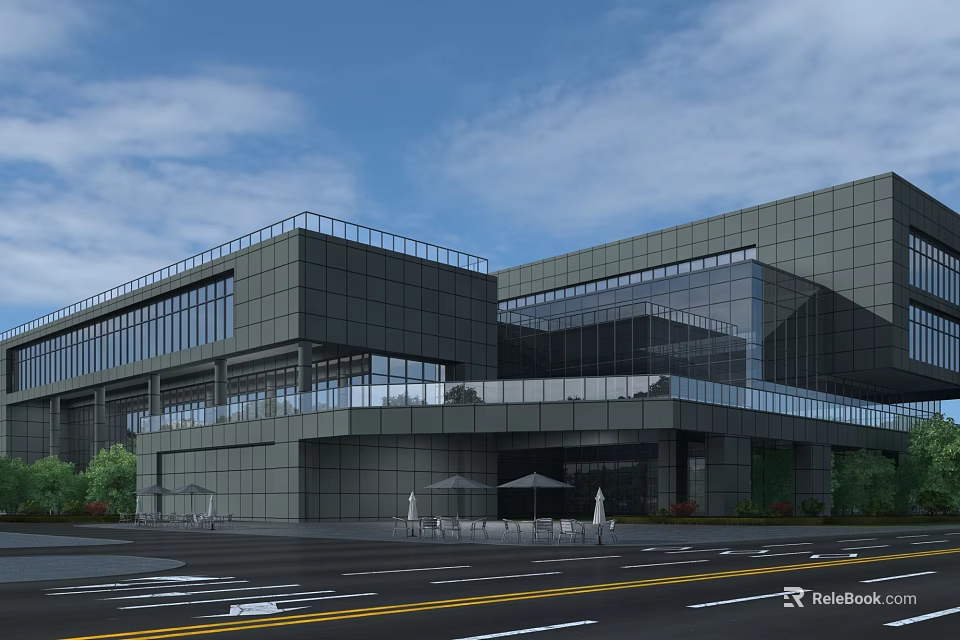 Modern Multi Storey Office Building With Gray Exterior Glass Facade And Outdoor Landscaping 3d model 