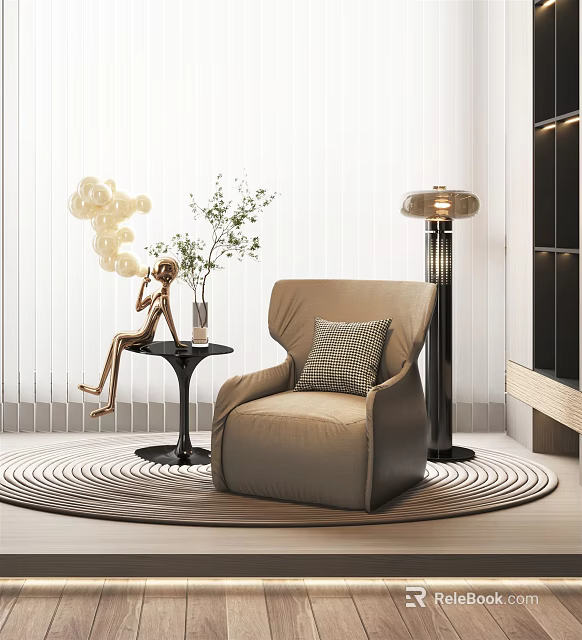 Stylish Beige Single Sofa With Side Table Vase Greenery Decorative Figurine Floor Lamp Round Rug 3d model 