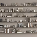 Minimalist Decorative Ornament Collection On Wooden Shelves With Books Vases Sculptures And Frames