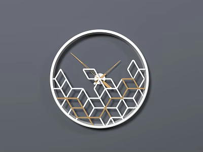 Modern Geometric Style Clock with White Frame and Gold Hexagon Patterns on Gray Background 3d model