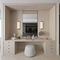 Modern Walk in Closet Interior With Wooden Vanity Mirror Drawers And Stool