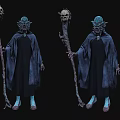 Mystical Game and Movie Character Standing With Green Head Mask Black Robe Holding Skull Staff