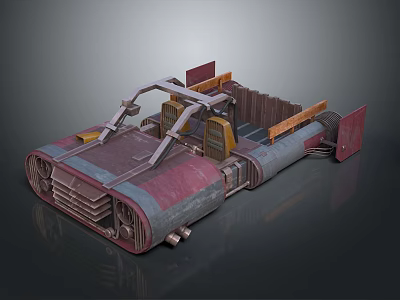 Retro Futuristic Vehicle 3D Model With Red Gray Body And Metal Frame Cargo Area 3d model