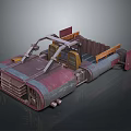 Retro Futuristic Vehicle 3D Model With Red Gray Body And Metal Frame Cargo Area