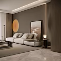 Modern Living Dining Room Interior With Gray Sofa Coffee Table Area Rug And Artwork