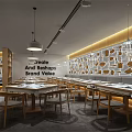 Modern Restaurant Interior With Honeycomb Ceiling Lights Wooden Tables And Utensil Wall Decor