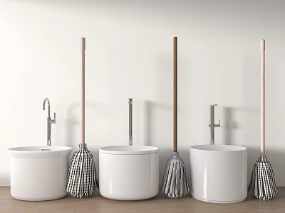 Three White Washbasins With Faucets And Mops On Wooden Handles Arranged In Row 3d model