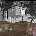 Modern Single Family House in Wooded Area With Large Windows Wooden Exterior and Gravel Pathway