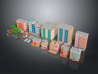 Cartoon Cityscape With Colorful Buildings Small Vehicles And Green Palm Trees 3d model