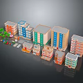 Cartoon Cityscape With Colorful Buildings Small Vehicles And Green Palm Trees