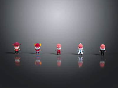 Five Cartoon Game And Movie Characters In Colorful Outfits With Gray Background And Reflections 3d model