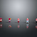 Five Cartoon Game And Movie Characters In Colorful Outfits With Gray Background And Reflections