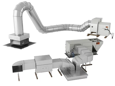 Industrial Metal Pipe System With Curved Ducts And Ventilation Equipment Components 3d model