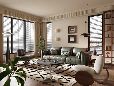 Modern Living Room Featuring Green Sofa Black And White Patterned Rug Floor To Ceiling Windows 3d model