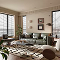 Modern Living Room Featuring Green Sofa Black And White Patterned Rug Floor To Ceiling Windows