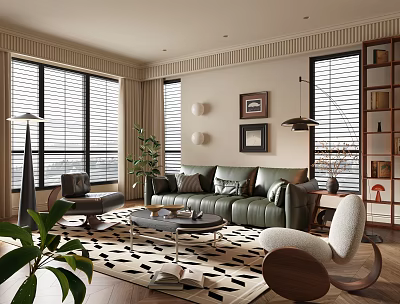 Modern Living Room Featuring Green Sofa Black And White Patterned Rug Floor To Ceiling Windows 3d model