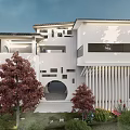 Modern Vacation Home With White Exterior Large Windows Arched Design Palm Trees And Stone Pathway