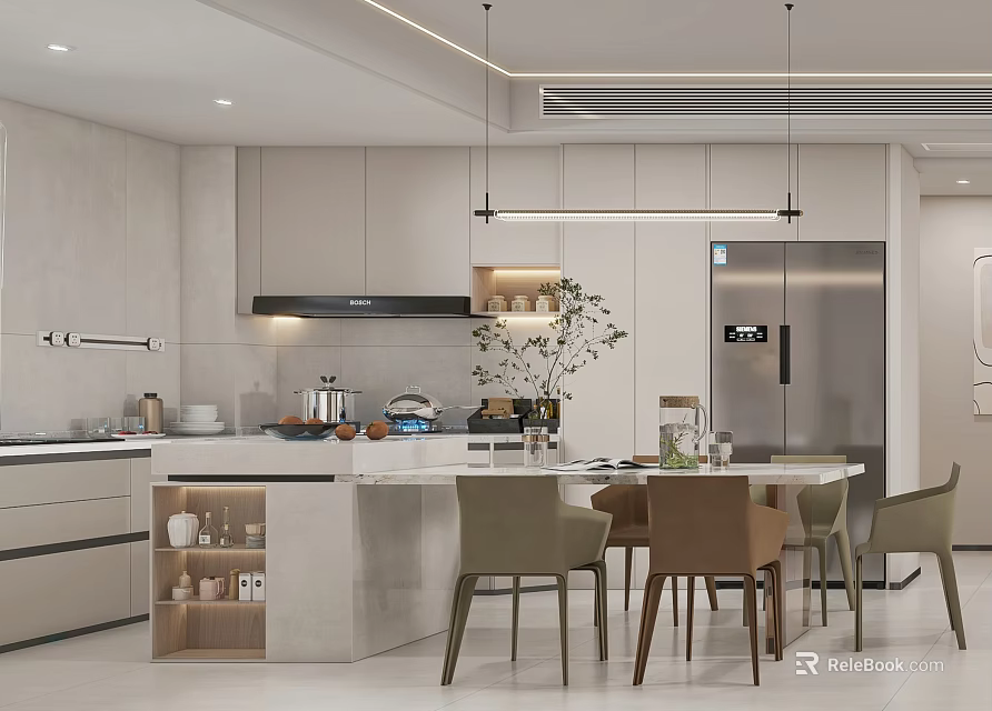 Modern Open Restaurant Kitchen Interior With Island Counter Pendant Lights Dining Table And Chairs 3d model