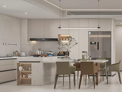 Modern Open Restaurant Kitchen Interior With Island Counter Pendant Lights Dining Table And Chairs 3d model