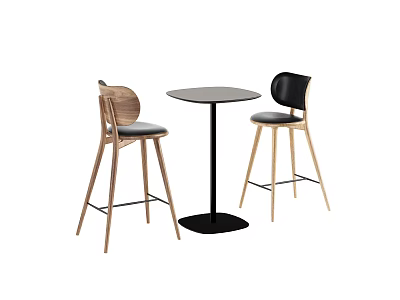 Round Bar Table With Two High Stools Wooden Black Backrest And Black Leg Design 3d model