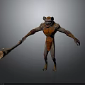 Fierce Ape Like Monster Character With Orange Red Armor And Skull Weapon In