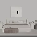 Modern Double Bed With Headboard Soft Pillows Abstract Painting And Side Ottoman