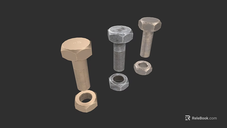 Durable Hardware Tools Collection Featuring Hex Bolts and Matching Nuts in Assorted Sizes 3d model