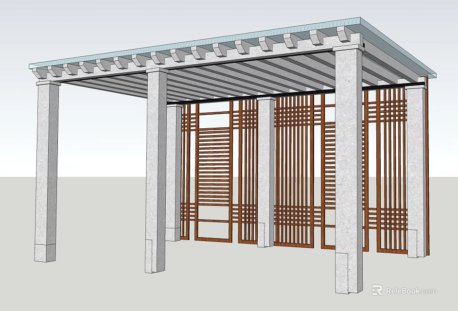 Outdoor Pergola Design With Stone Pillars Wooden Lattice Panels And Gray Roof 3d model 