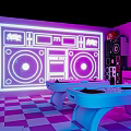 Vibrant Graffiti Art Interior With Colorful Balloons Purple Blue Lighting And Yellow Corridor