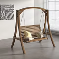 Wooden Swing Chair Double Seater Indoor With Pillows Decorative Painting Window Blinds And Plant